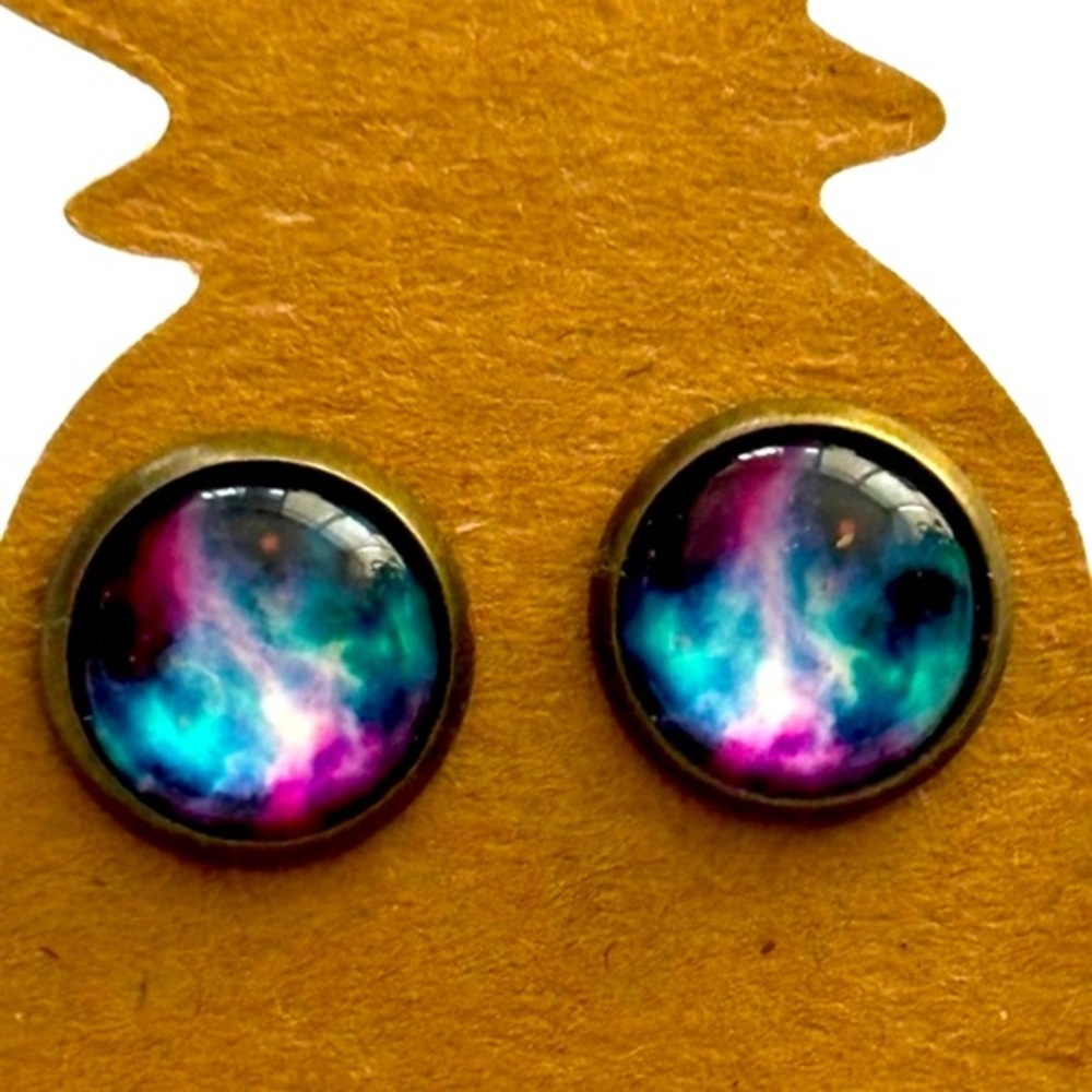 10mm Glass Cabochon Galaxy Print Stud Earrings, NWT, Handmade, Unworn